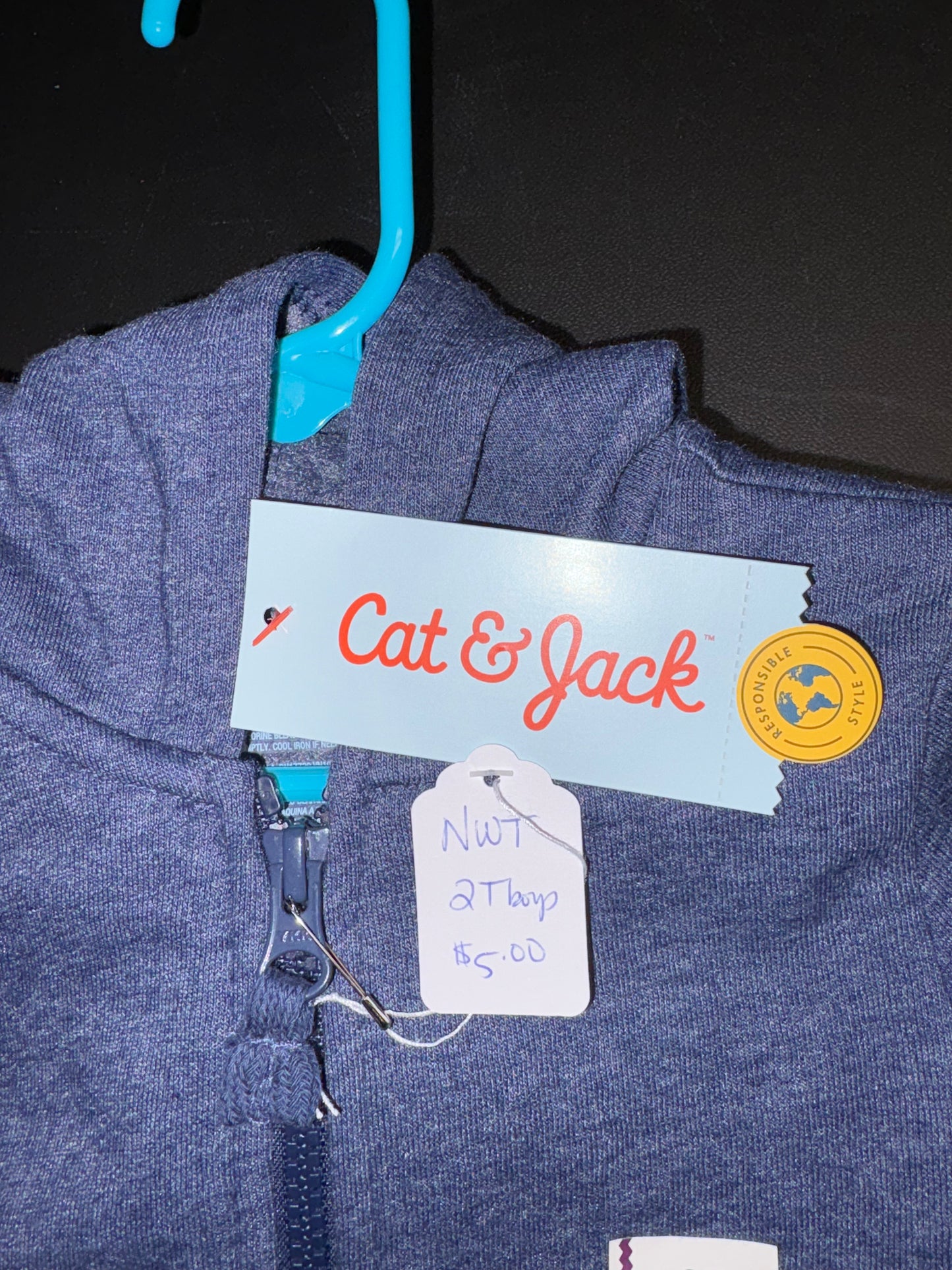 Size 2T, Cat & Jack Brand, Navy zip up hooded jacket, NWT