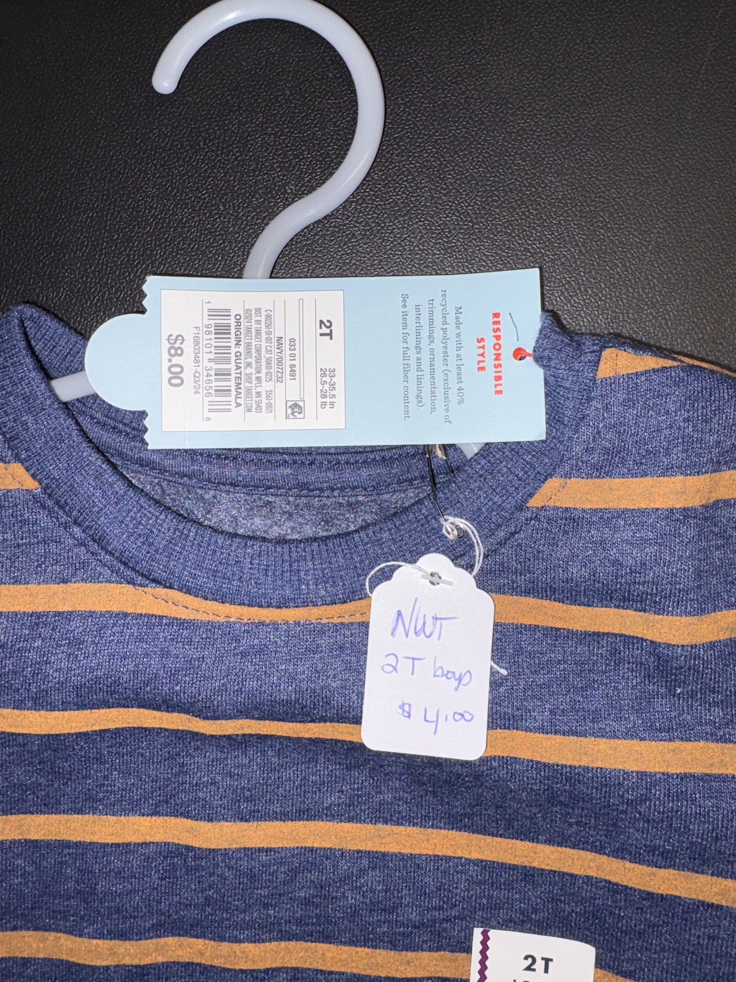 Size 2T, Cat & Jack Brand, Navy and Copper striped sweatshirt, NWT