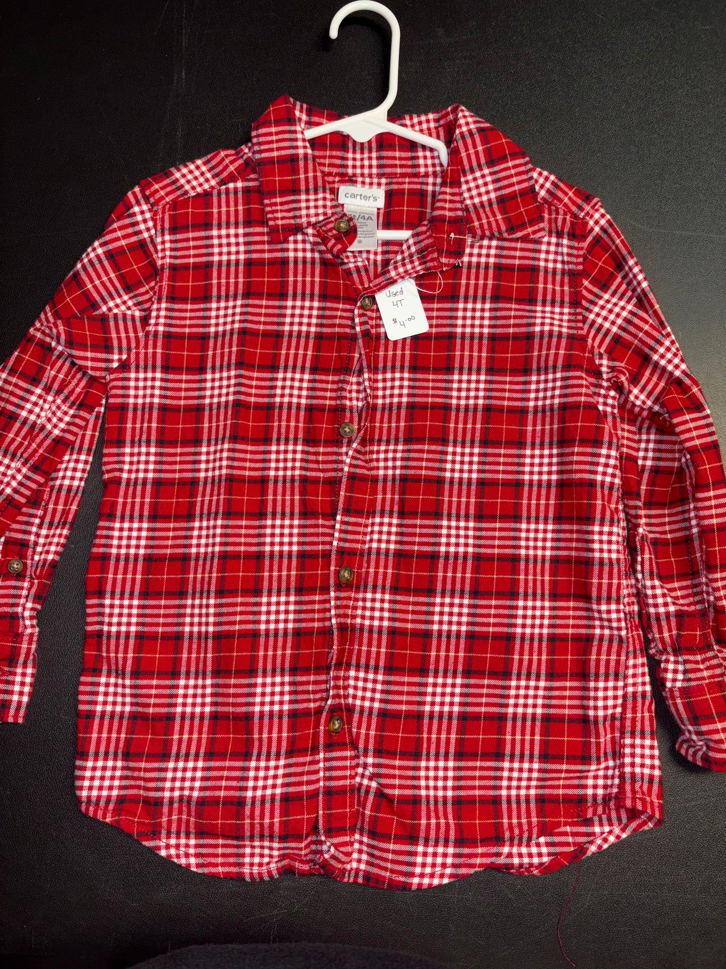 Size 4T, Carter’s Brand, Red plaid collared long sleeved shirt