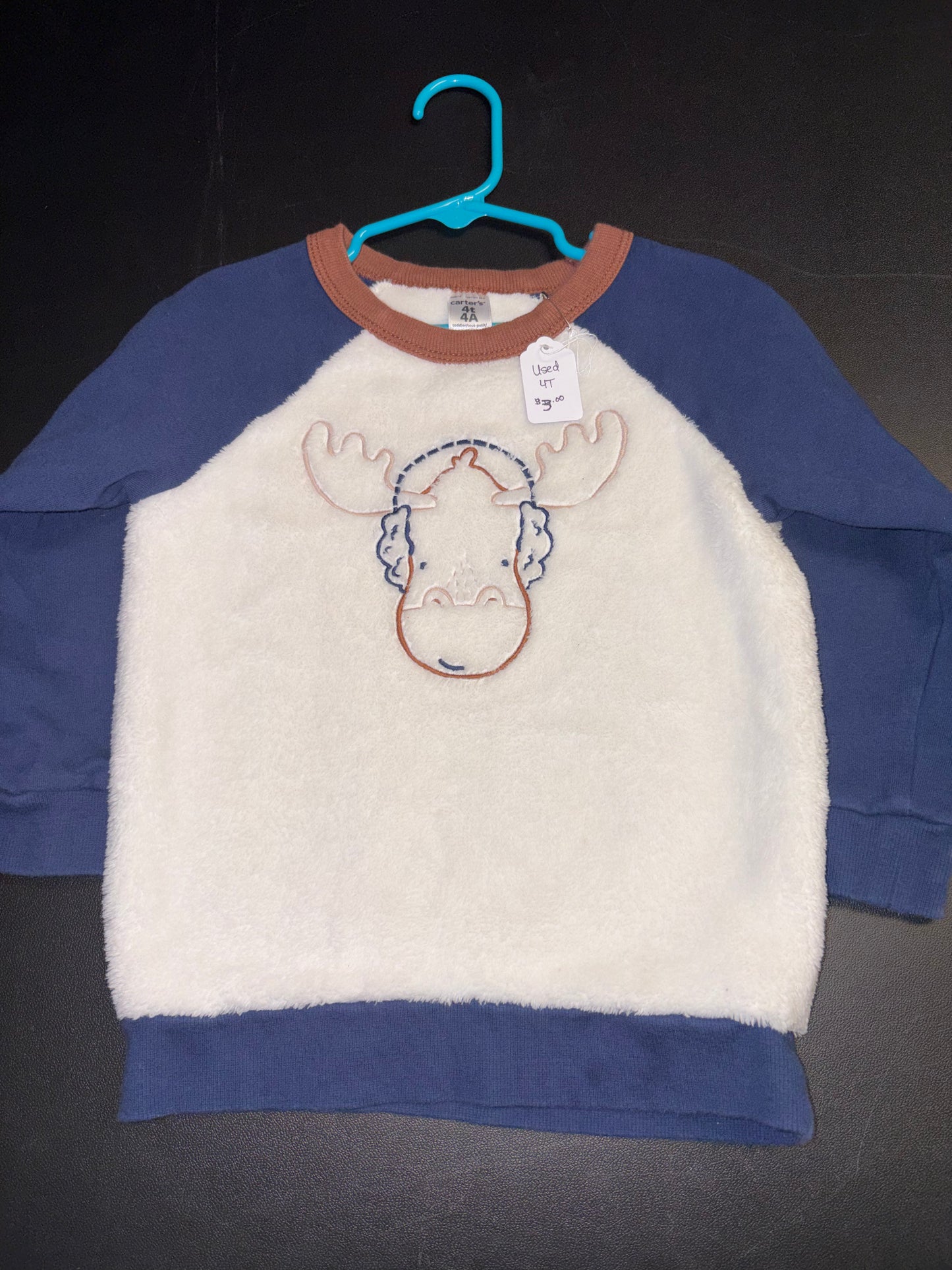 Size 4T, fuzzy moose sweatshirt, Navy and cream, Carters Brand