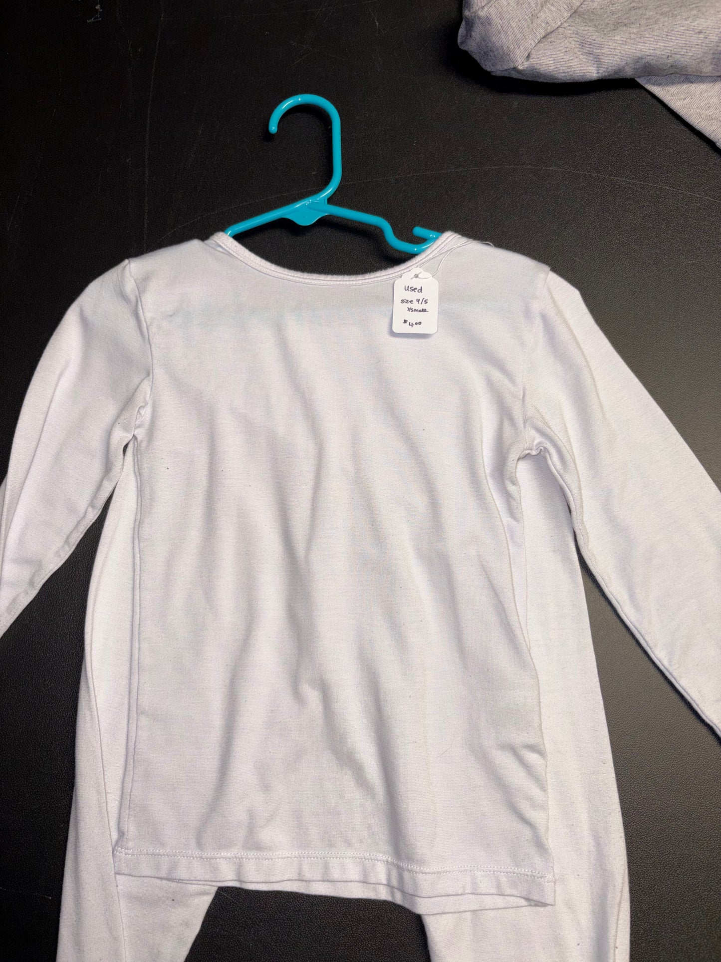 Size xsmall 4-5, white long underwear, imperfections on elbows