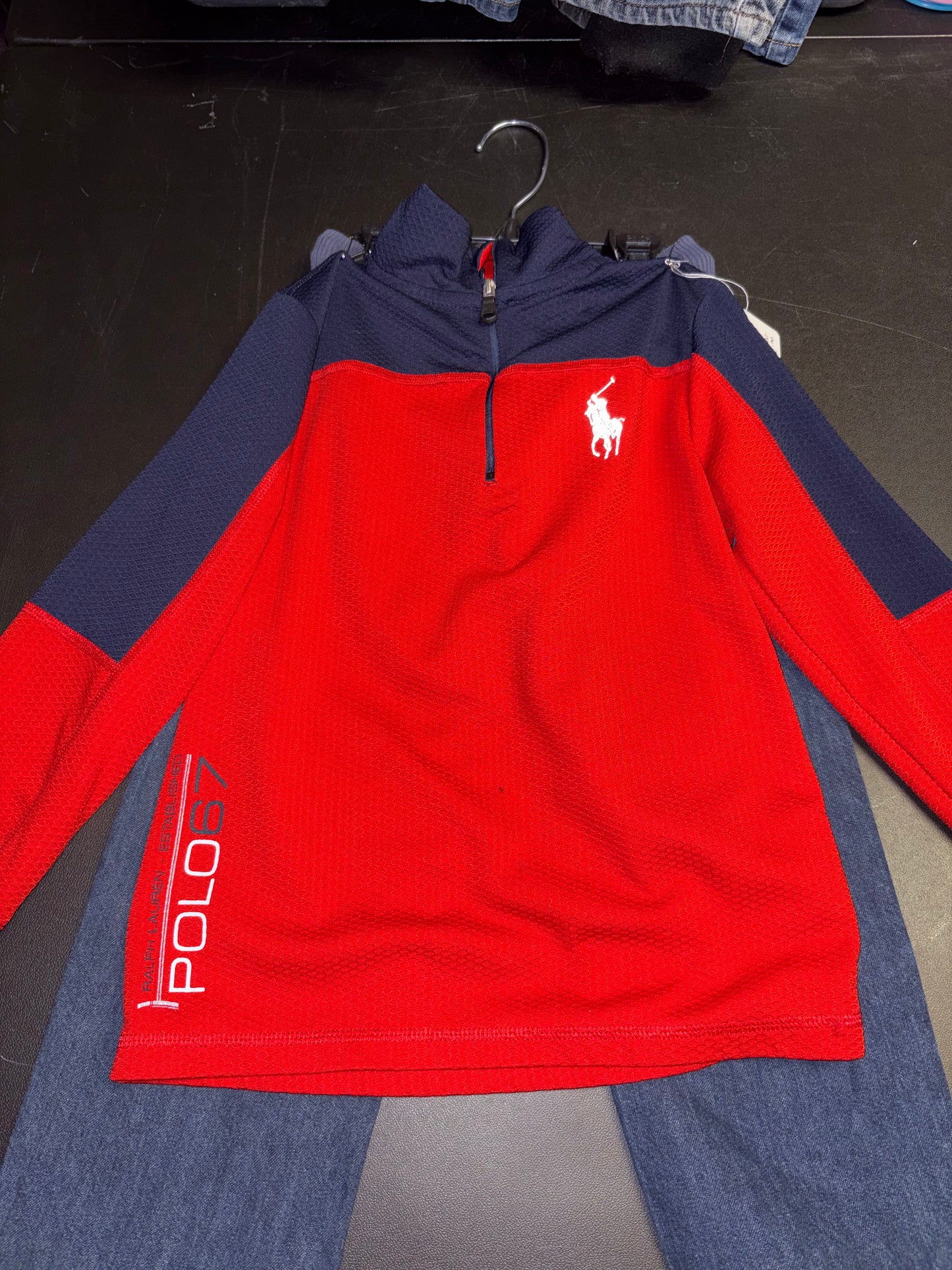 Size 6 Youth, Navy and Red pullover and denim jeans