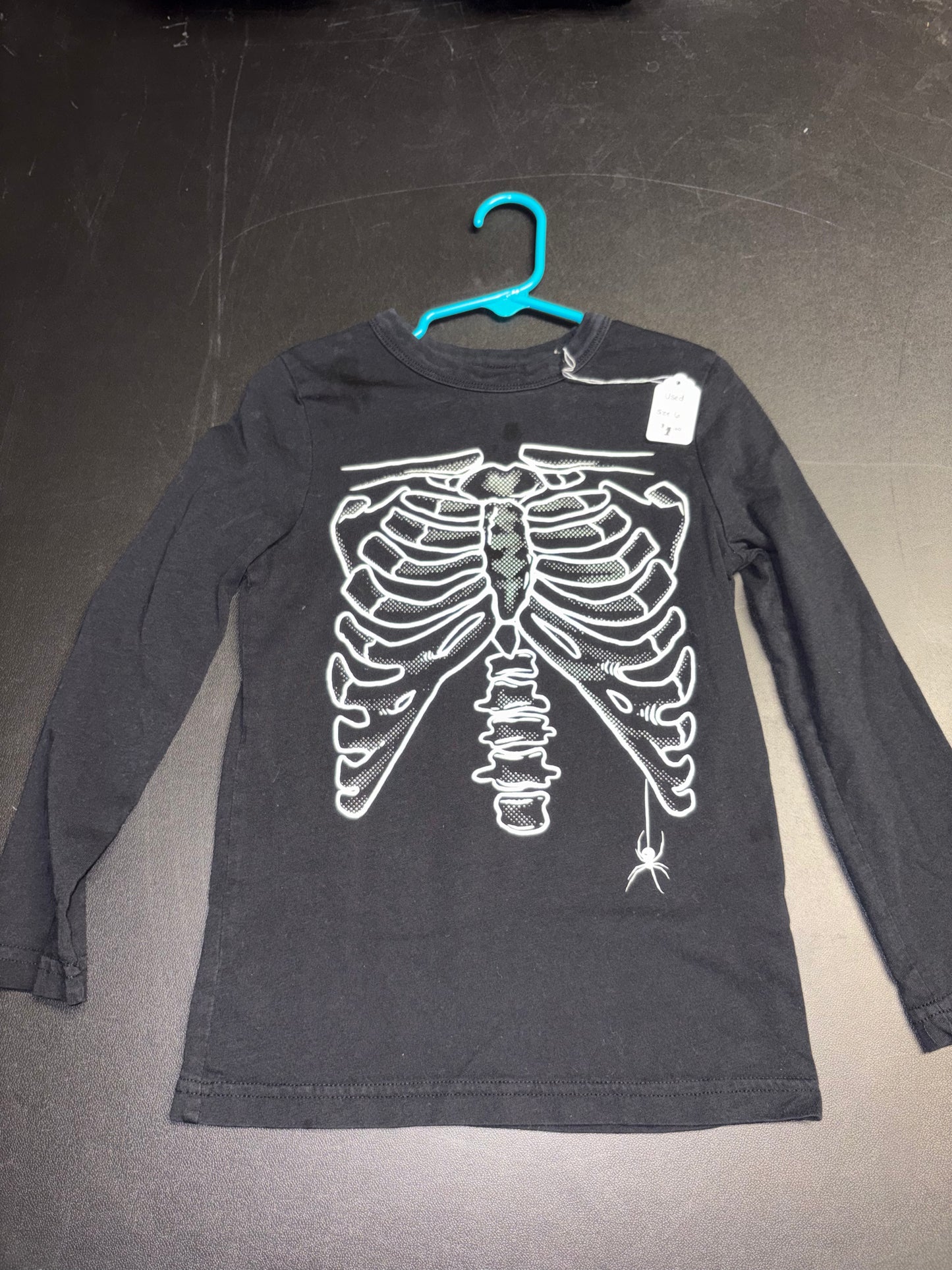 Size 6 Youth, black skeleton shirt