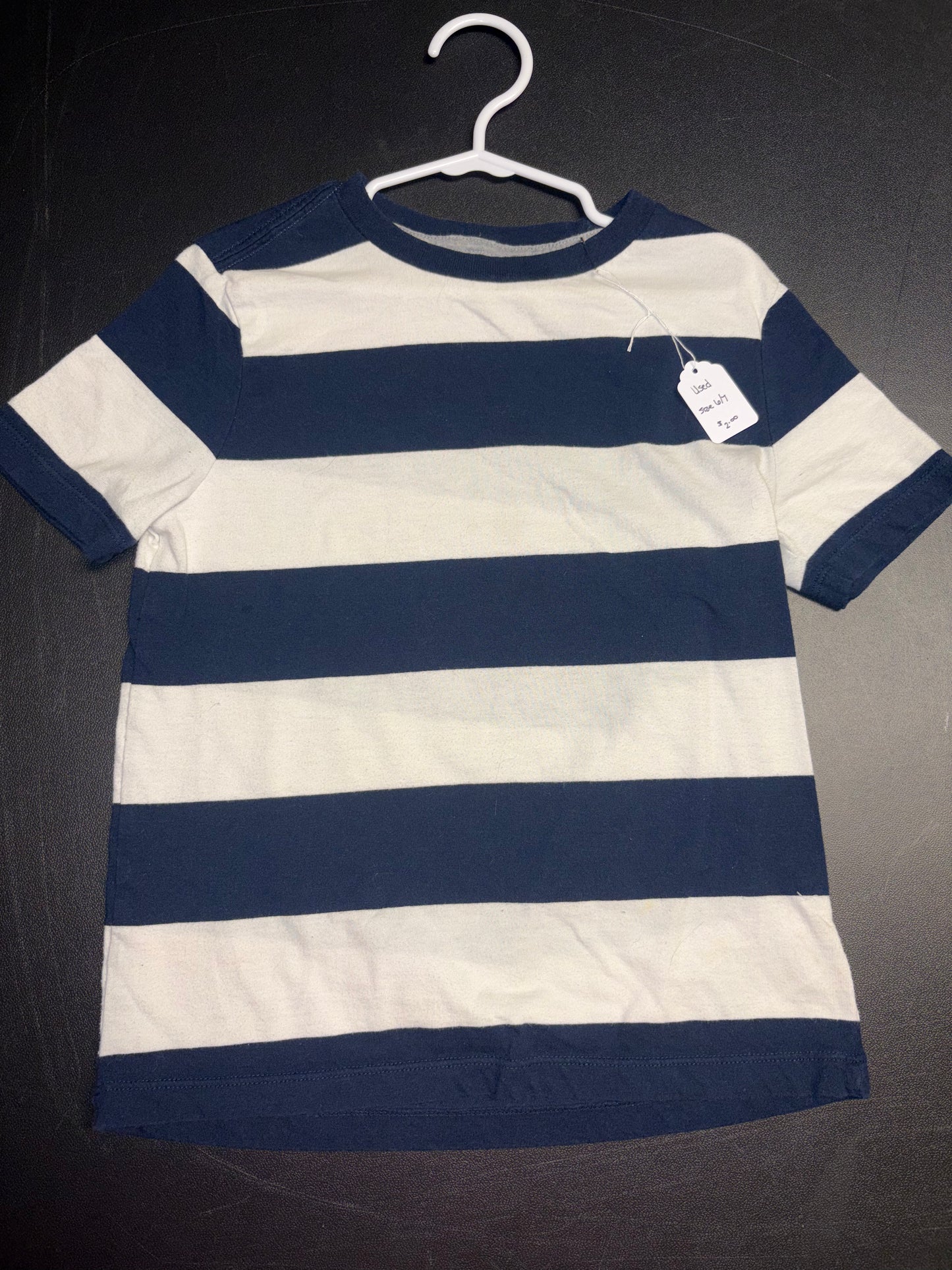 Size 6/7 Youth, Navy and White striped Tshirt