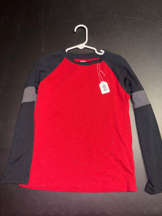 Size 6/7, long sleeved shirt, red with black and gray sleeves