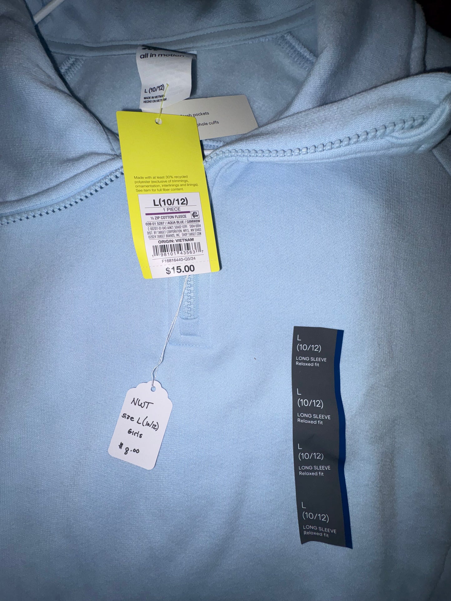 Size 10/12 Girls Light Blue crop pullover NWT - all in motion brand
