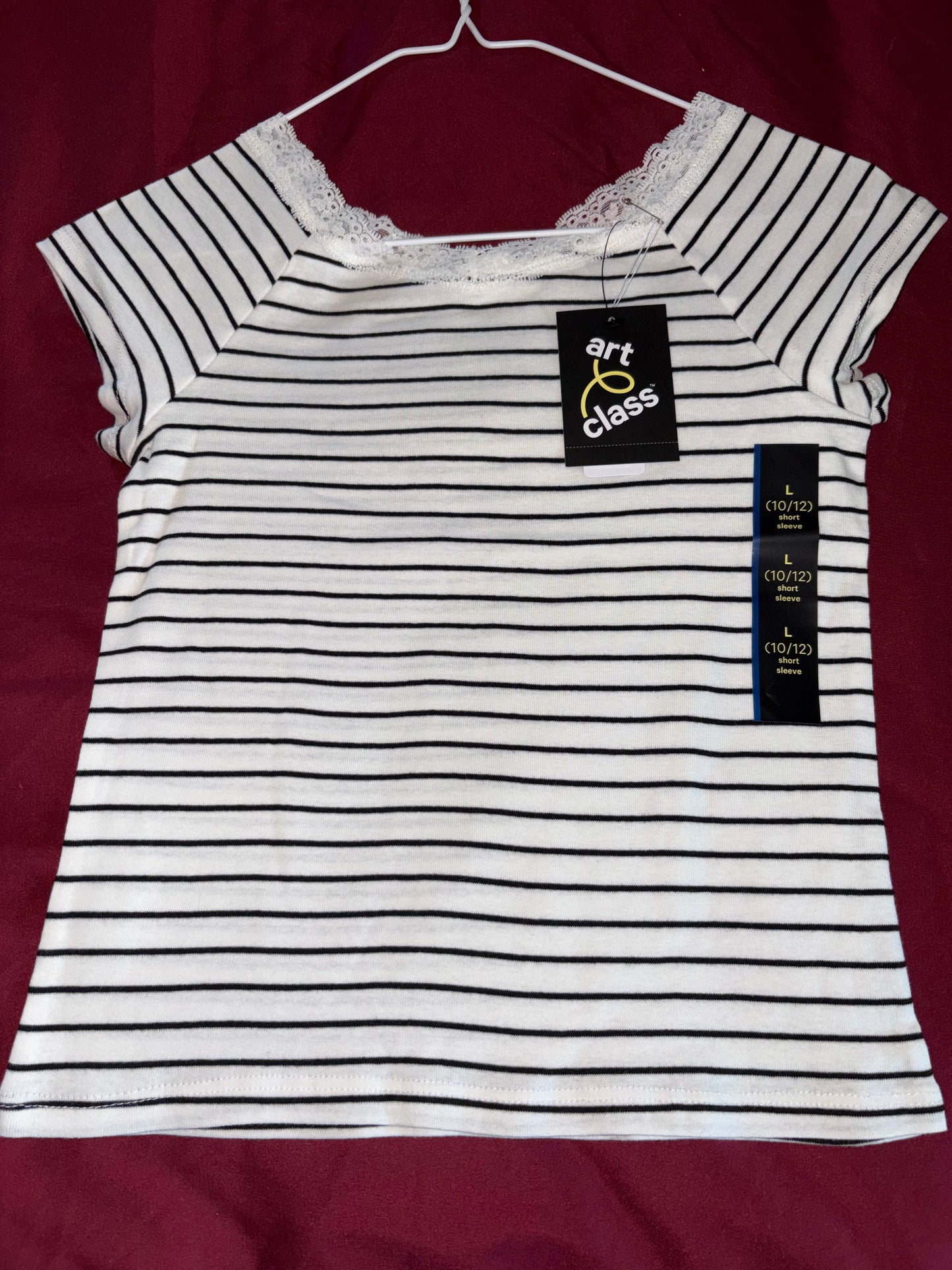 Size 10/12 Girls white with black stripes short sleeved shirt NWT