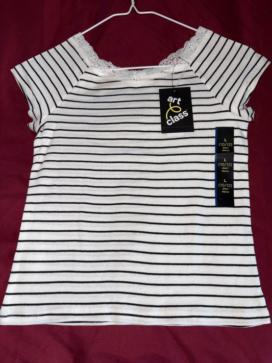Size 10/12 Girls white with black stripes short sleeved shirt NWT