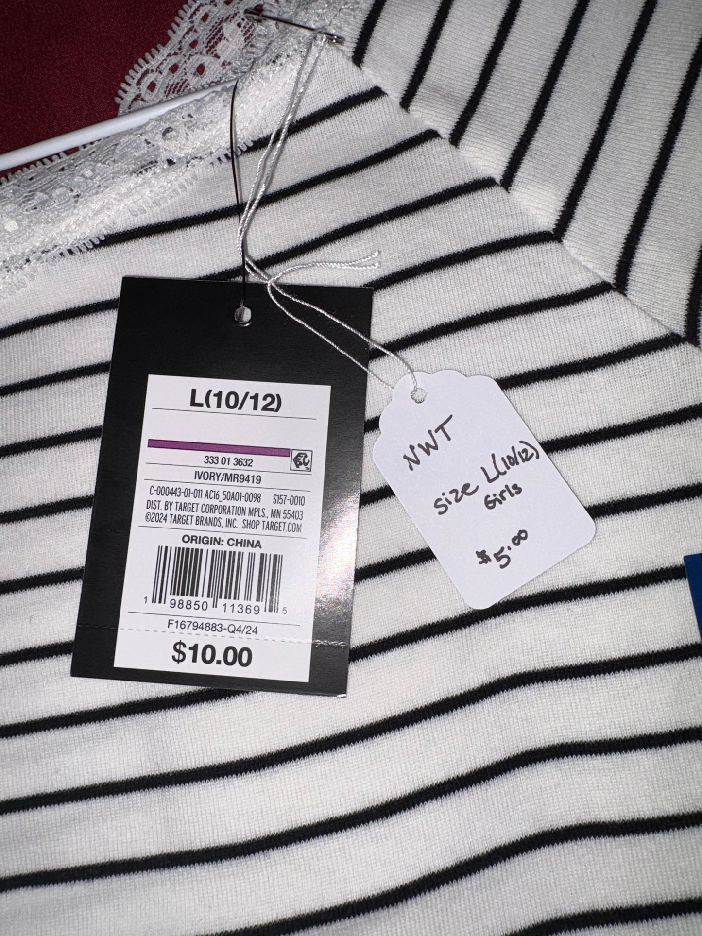 Size 10/12 Girls white with black stripes short sleeved shirt NWT