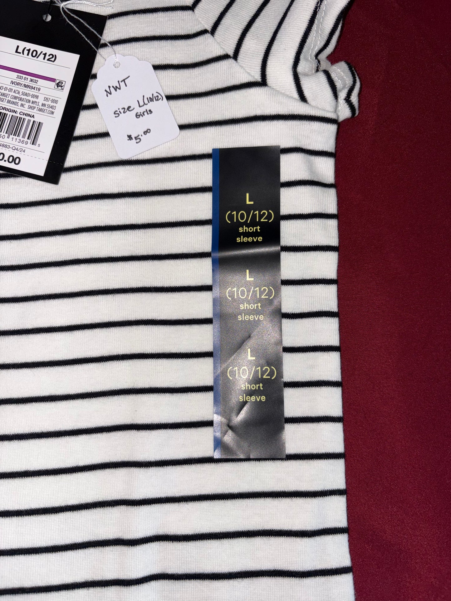 Size 10/12 Girls white with black stripes short sleeved shirt NWT