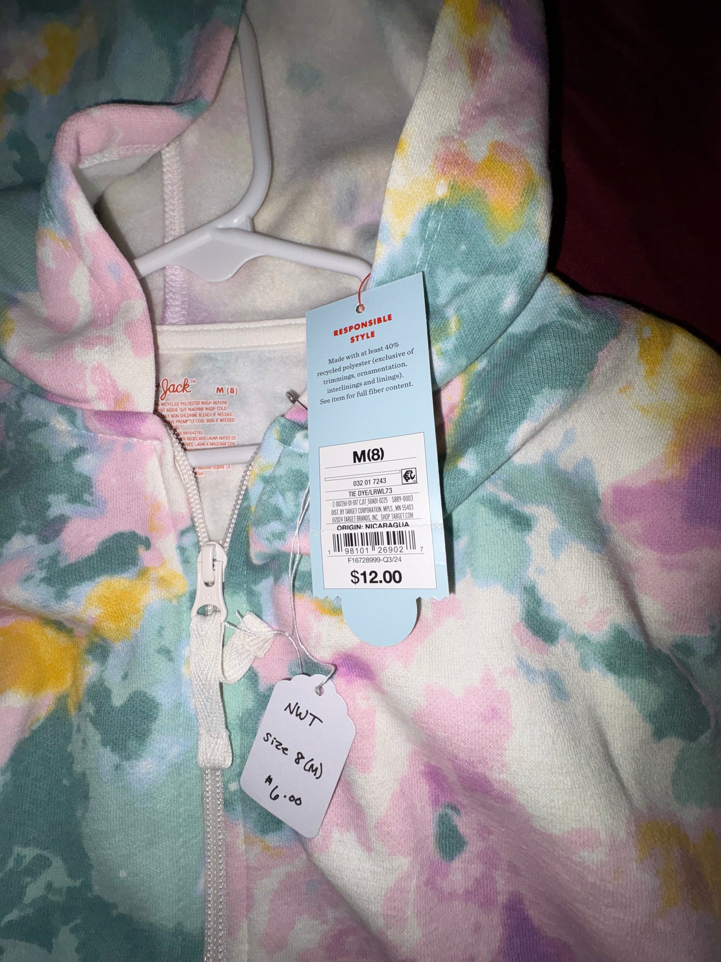 Size 8 Girls colorful zip up hoodie, Cat & Jack, NWT