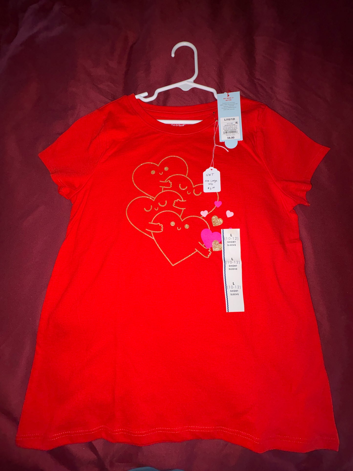 Size 10/12 Girls Red Heart Tshirt, Cat & Jack, NWT
