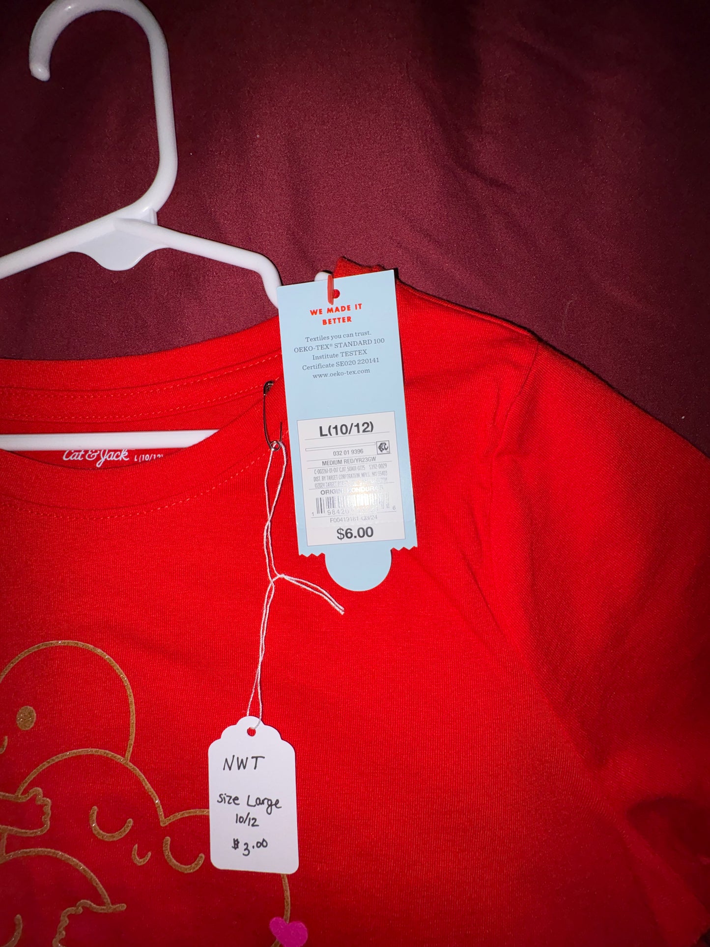 Size 10/12 Girls Red Heart Tshirt, Cat & Jack, NWT