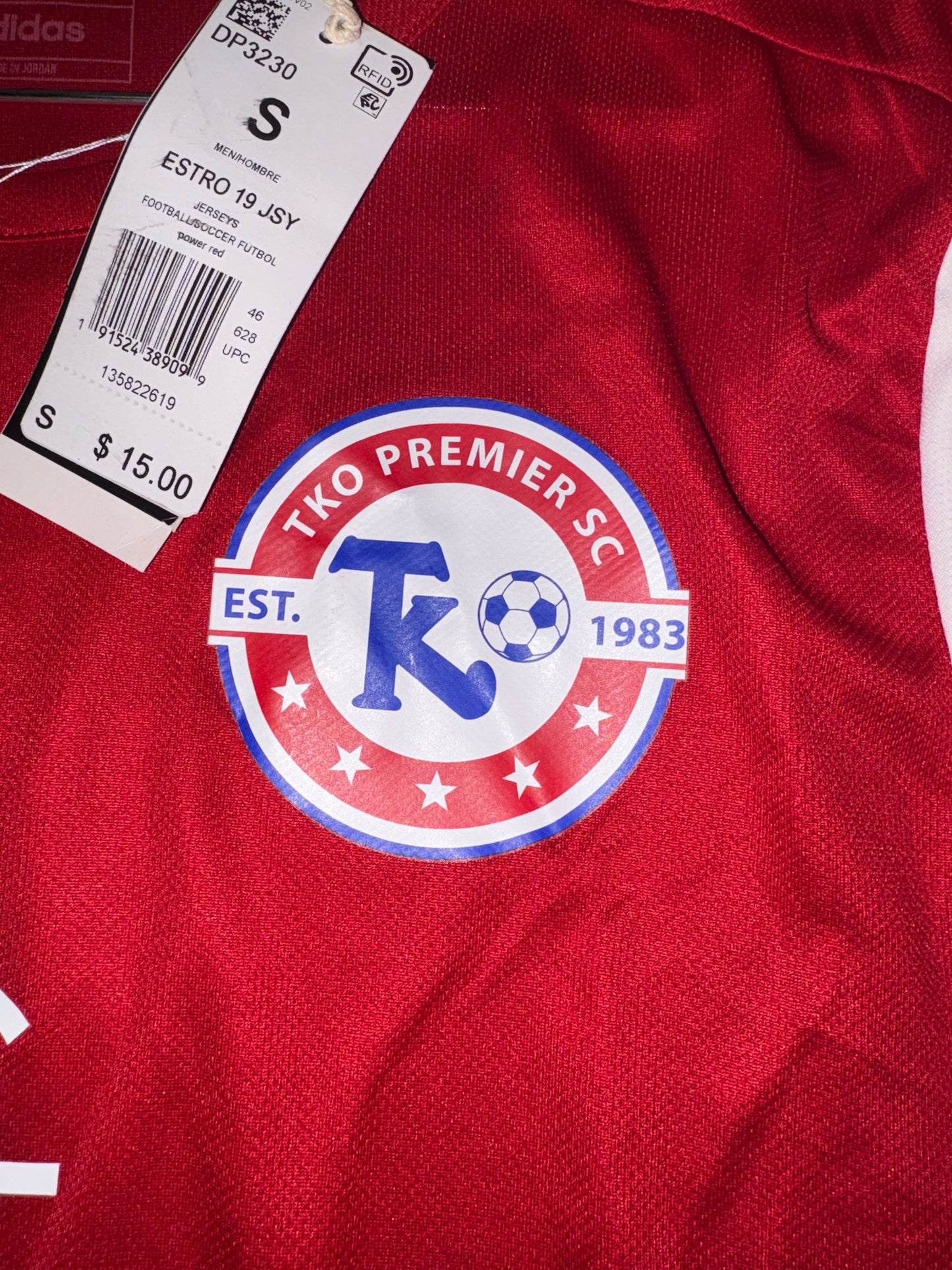 Size Men’s Small, Adidas, red & white soccer jersey, NWT