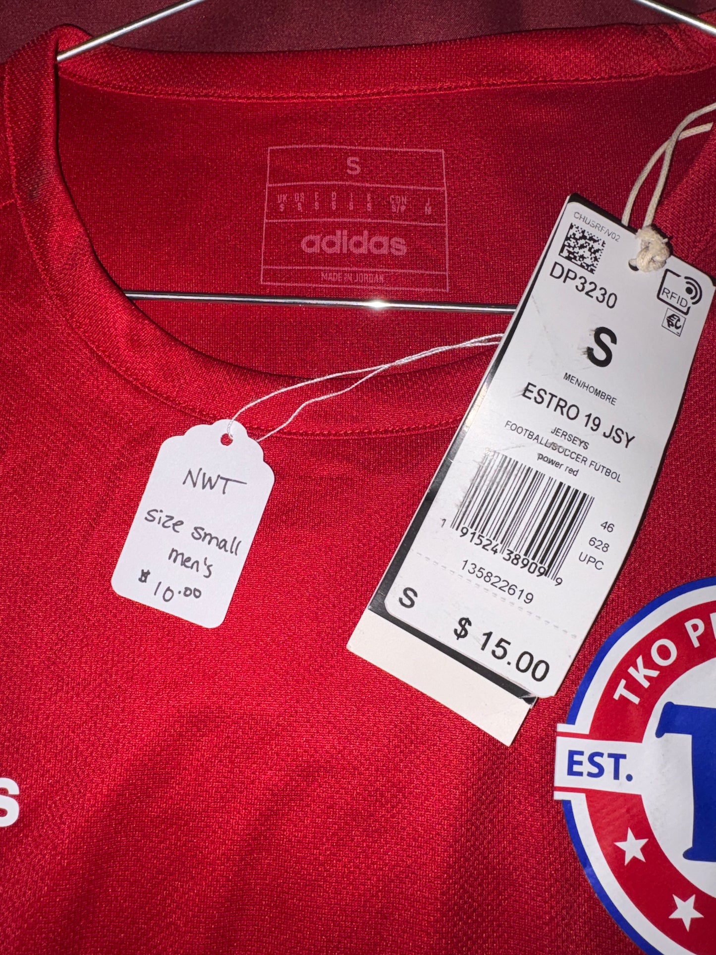 Size Men’s Small, Adidas, red & white soccer jersey, NWT
