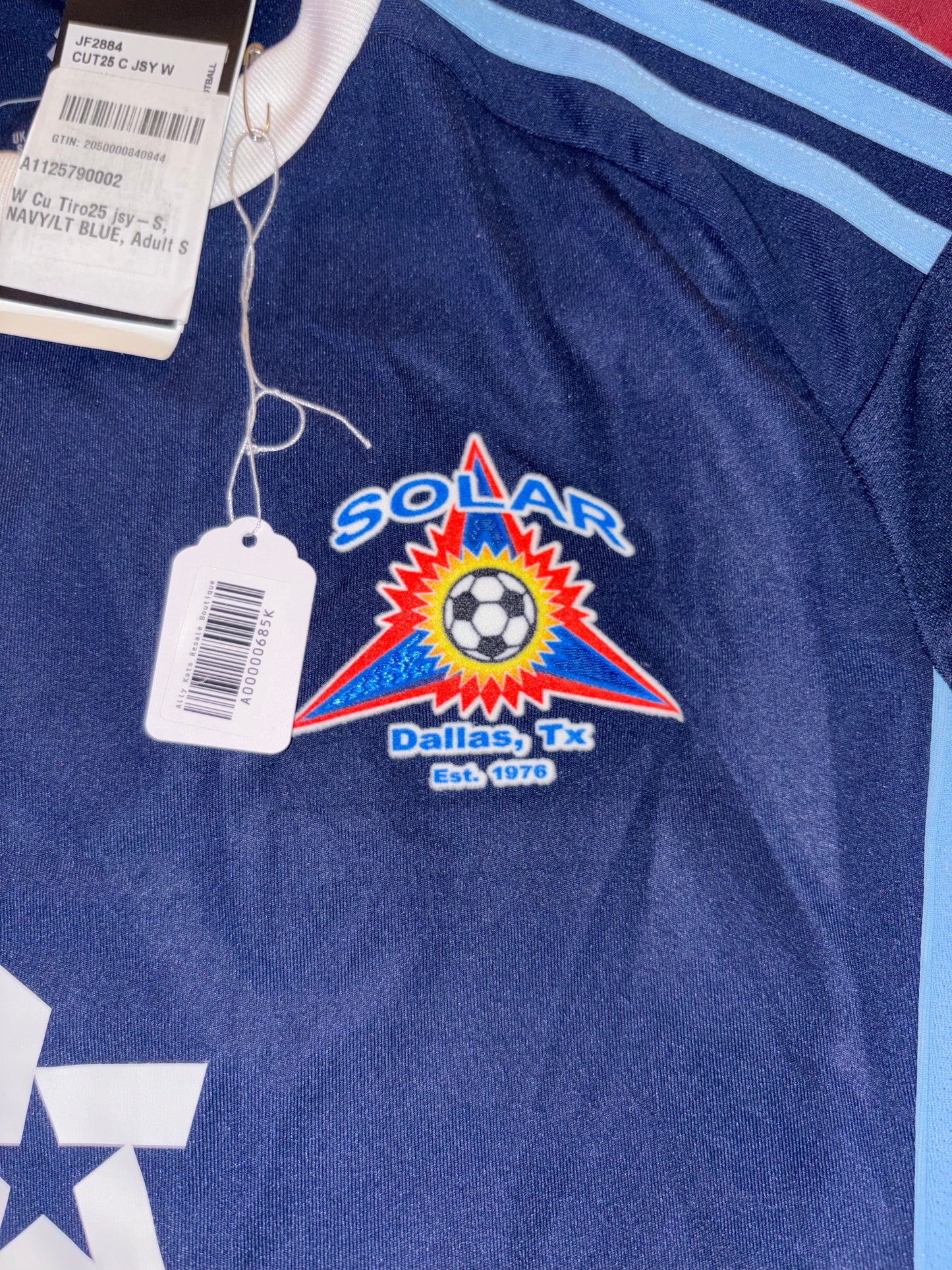 Size Men’s Small, Adidas, Navy & white soccer jersey, NWT