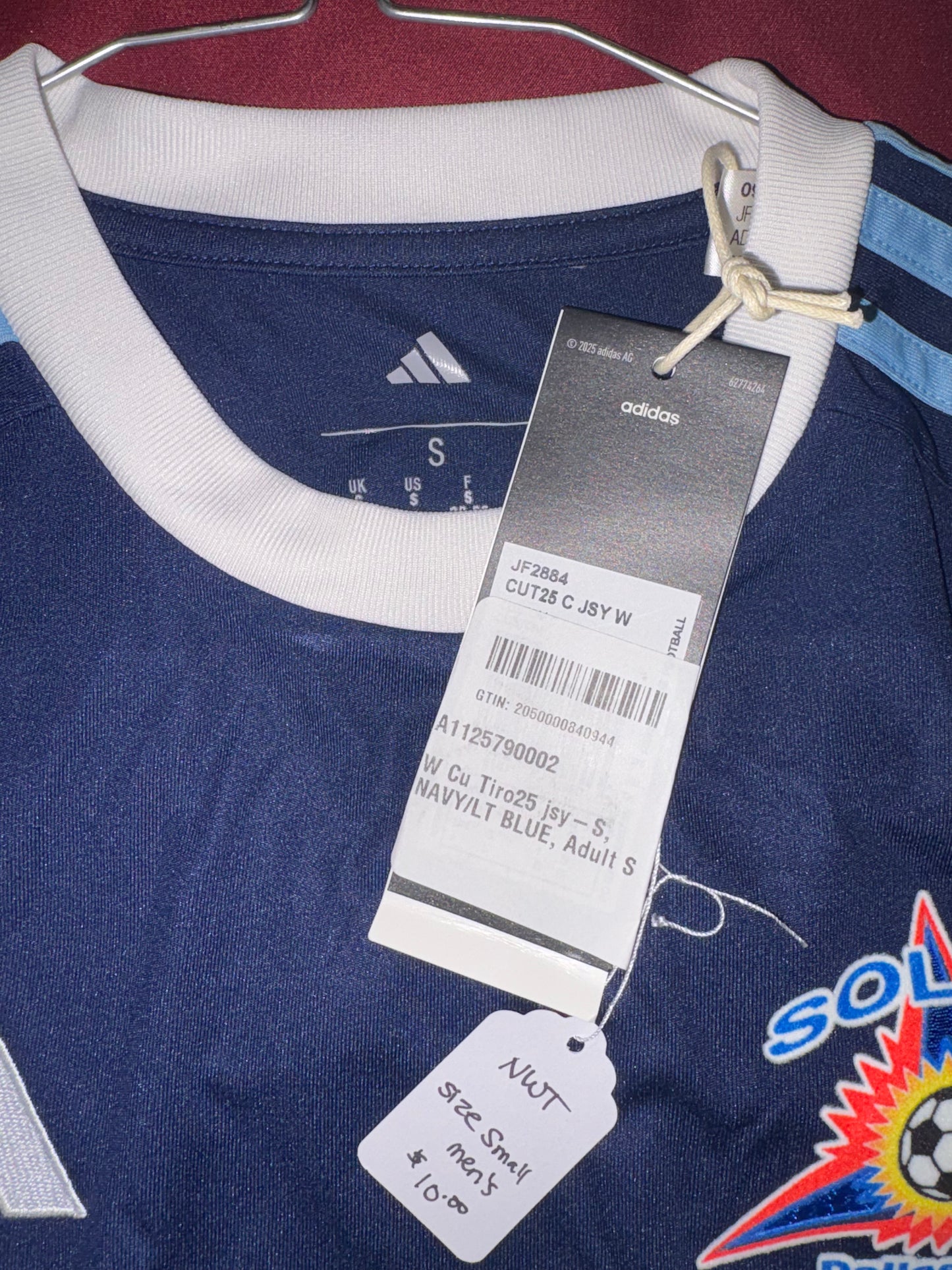 Size Men’s Small, Adidas, Navy & white soccer jersey, NWT