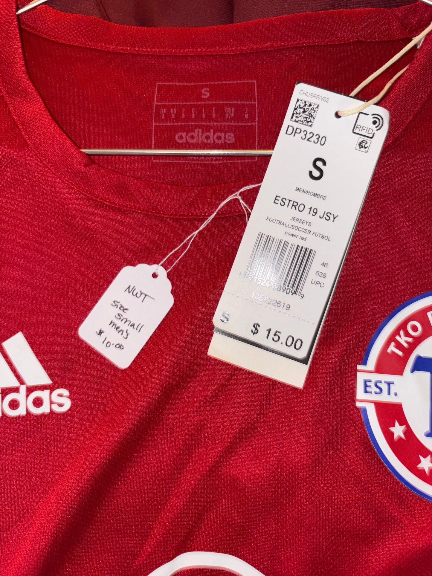 Size Men’s Small, Adidas, red & white soccer jersey, NWT