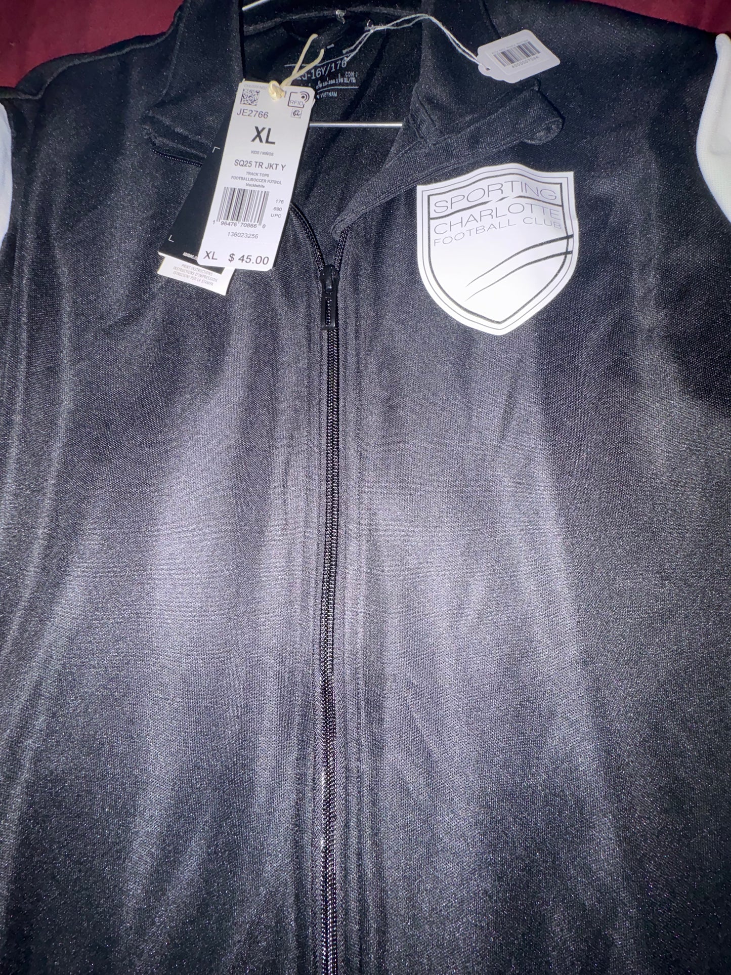 Size Youth XL, NWT, adidas, zip up soccer jacket, Sporting Charlotte Football Club, Queenstown Clothing & Apparel logo
