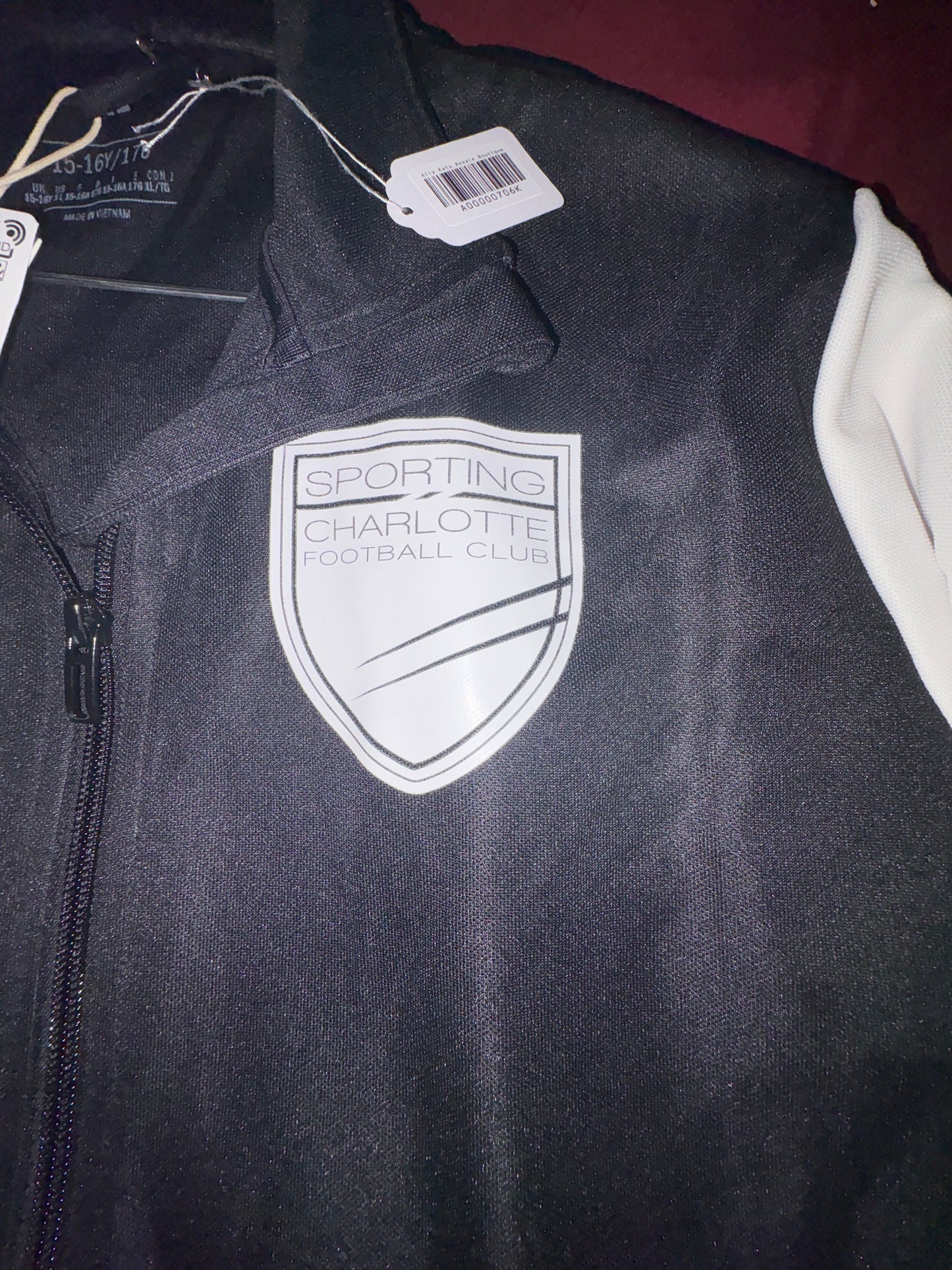 Size Youth XL, NWT, adidas, zip up soccer jacket, Sporting Charlotte Football Club, Queenstown Clothing & Apparel logo