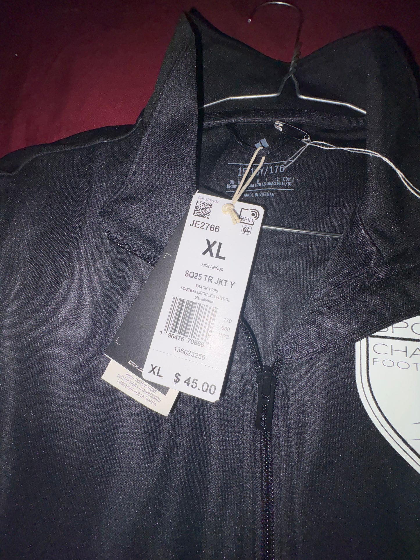 Size Youth XL, NWT, adidas, zip up soccer jacket, Sporting Charlotte Football Club, Queenstown Clothing & Apparel logo