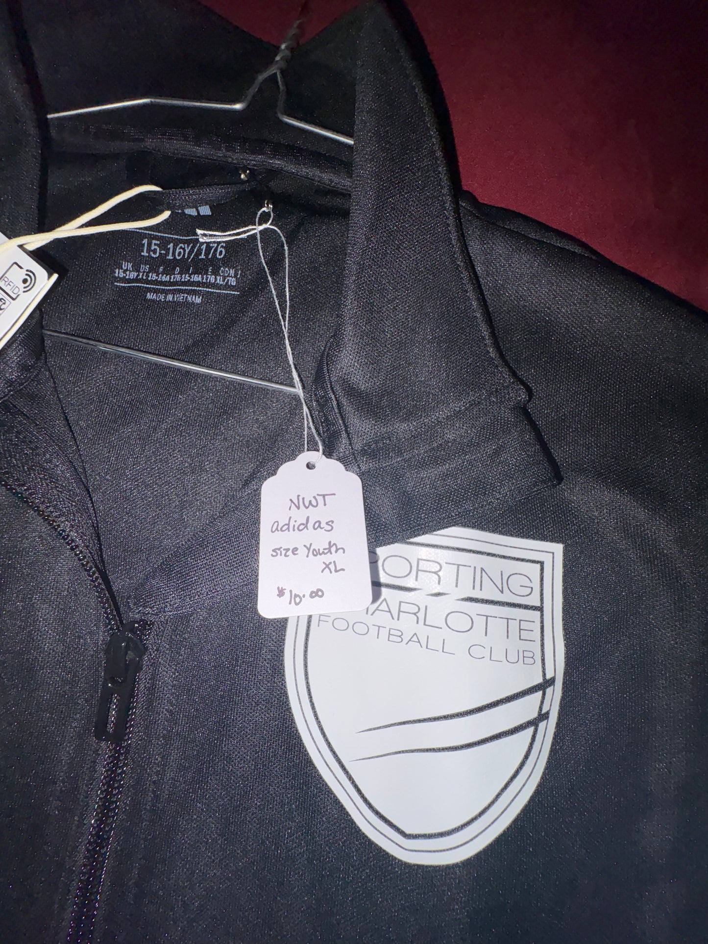Size Youth XL, NWT, adidas, zip up soccer jacket, Sporting Charlotte Football Club, Queenstown Clothing & Apparel logo