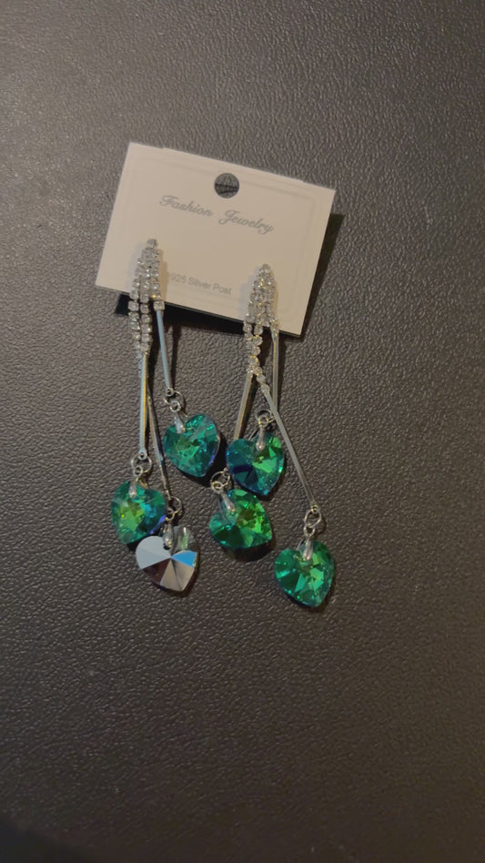 925 Sterling Silver post, Green heart and Crystal Earrings